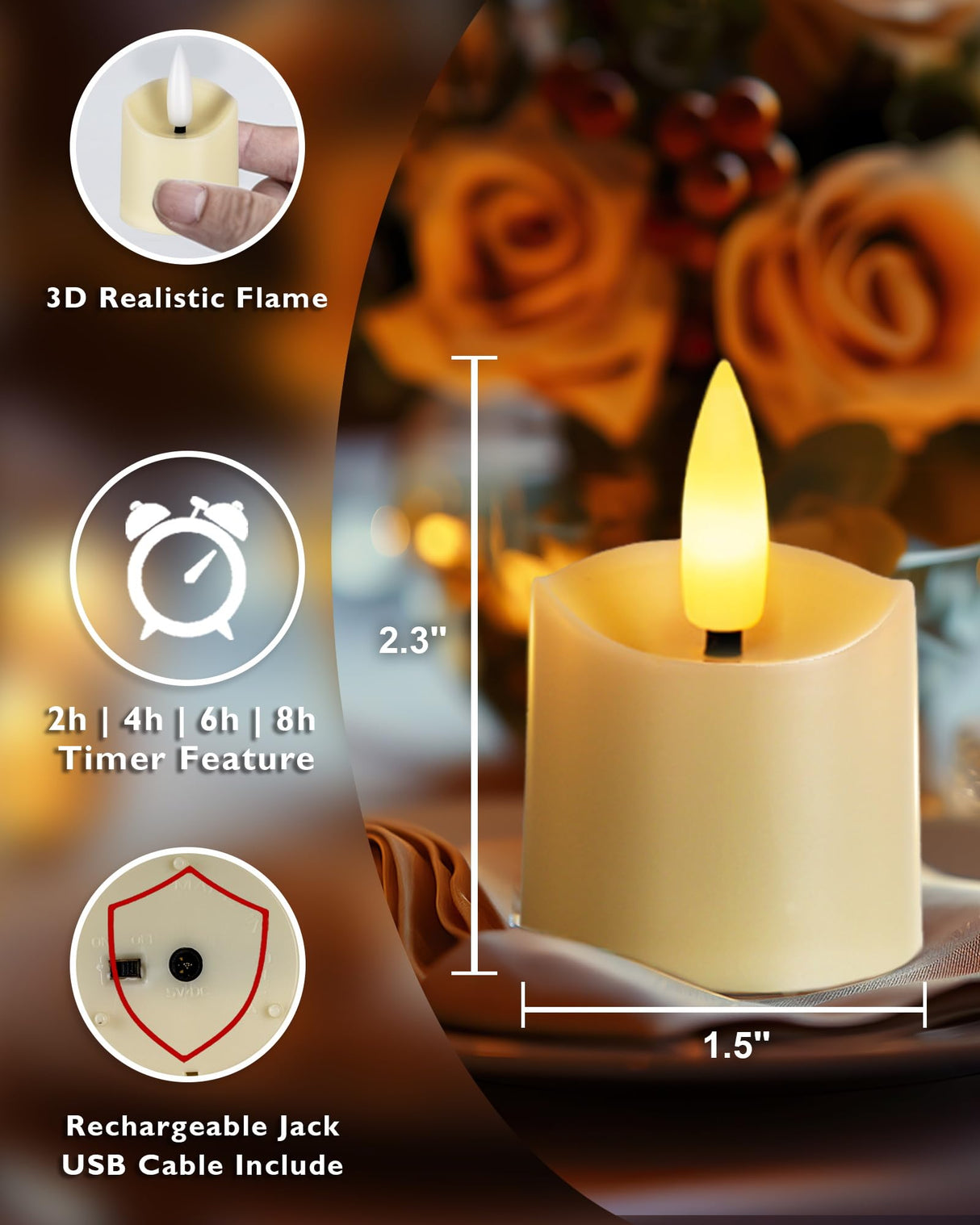 Homemory Rechargeable Flameless Candles, 2/4/6/8H Timer LED Votive Candles, 6 PCS Battery Operated Tea Lights with Timer for Table, Wedding, Christmas (USB Charging Cable Included)