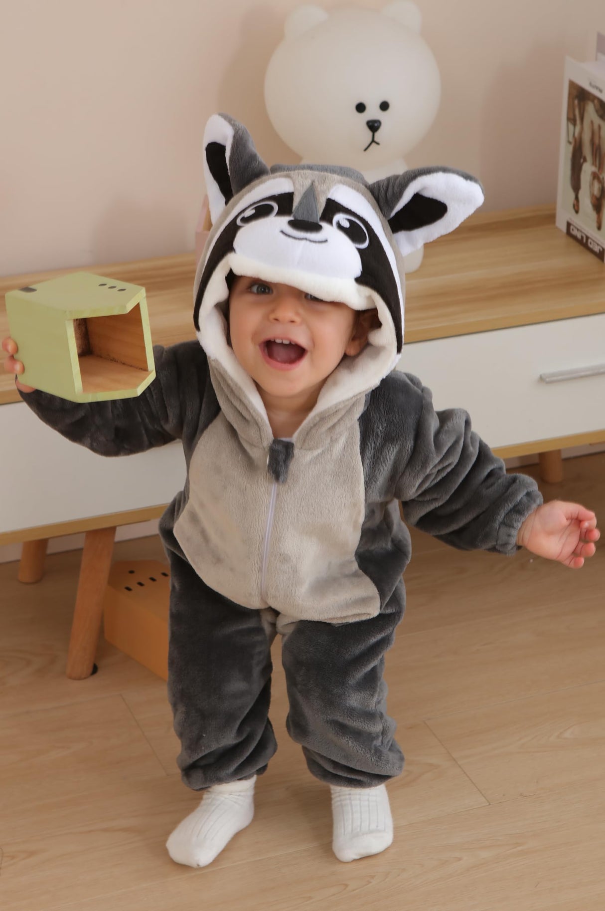 DarkCom Unisex Baby Animal Onesie Toddler Hooded Romper Halloween Cosplay Grey Raccoon Costumes Kids' Christmas Gifts 6-12 Months