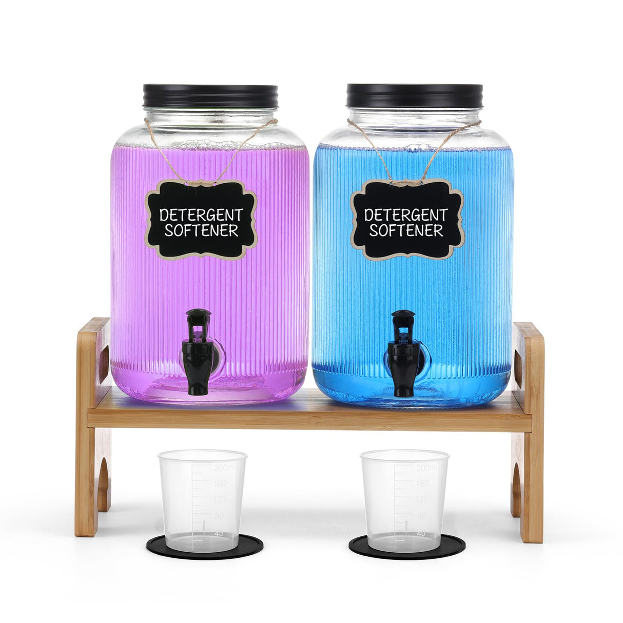 2-Pack Laundry Detergent Dispenser with Bamboo Stand,1 Gallon Laundry Soap Dispenser with Measuring Cup,Glass Laundry Detergent Containr for Laundry Room Organization and Storage