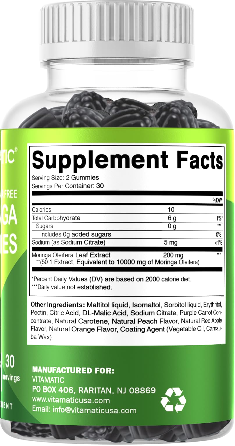 Vitamatic 2 Packs Sugar Free Moringa Gummies- 10000 mg Equivalent Per Serving (from 50:1 Extract 200 mg)- Complete Green Superfood 20X Extract - 60 Pectin Based Gummies