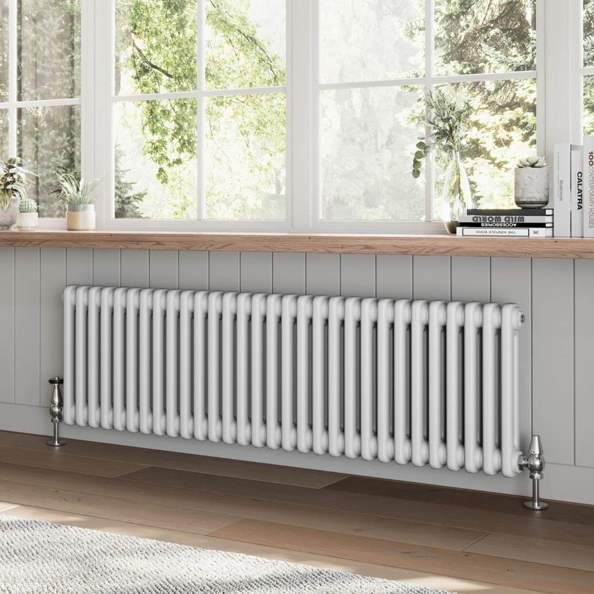 Go Bathrooms Utopia White Horizontal Radiator 400 x 1370mm Traditional Cast Iron Style 2 Column White Central Heating Living Room Radiator