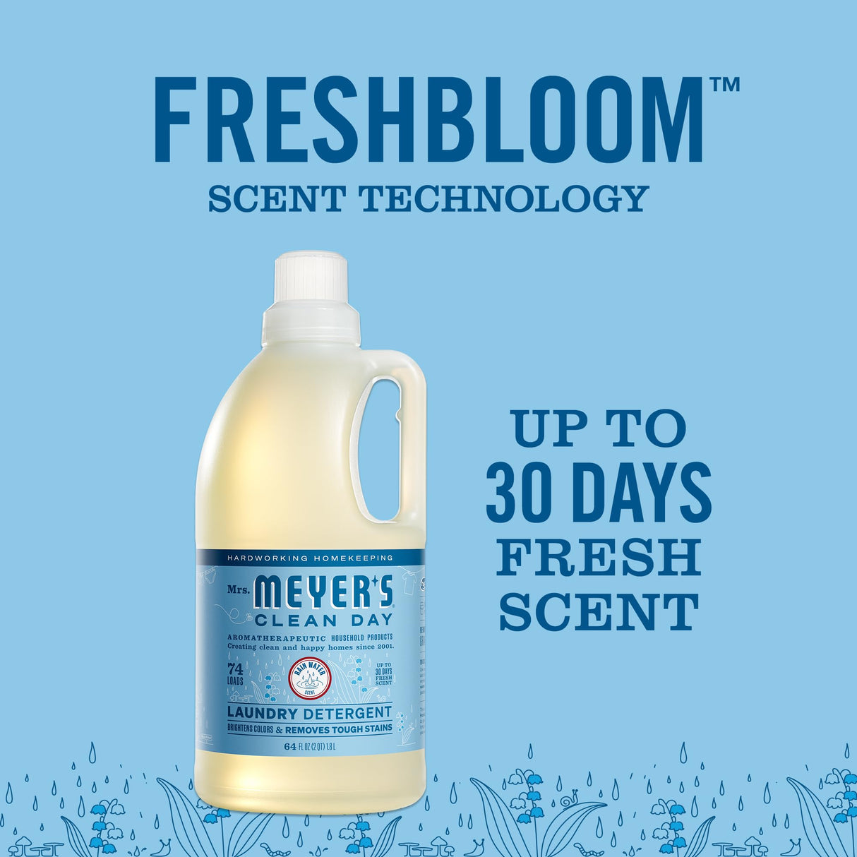 MRS. MEYER'S CLEAN DAY Liquid Laundry Detergent, Biodegradable Formula Infused with Essential Oils, Rain Water, 64 oz - Pack of 2 (128 Loads)