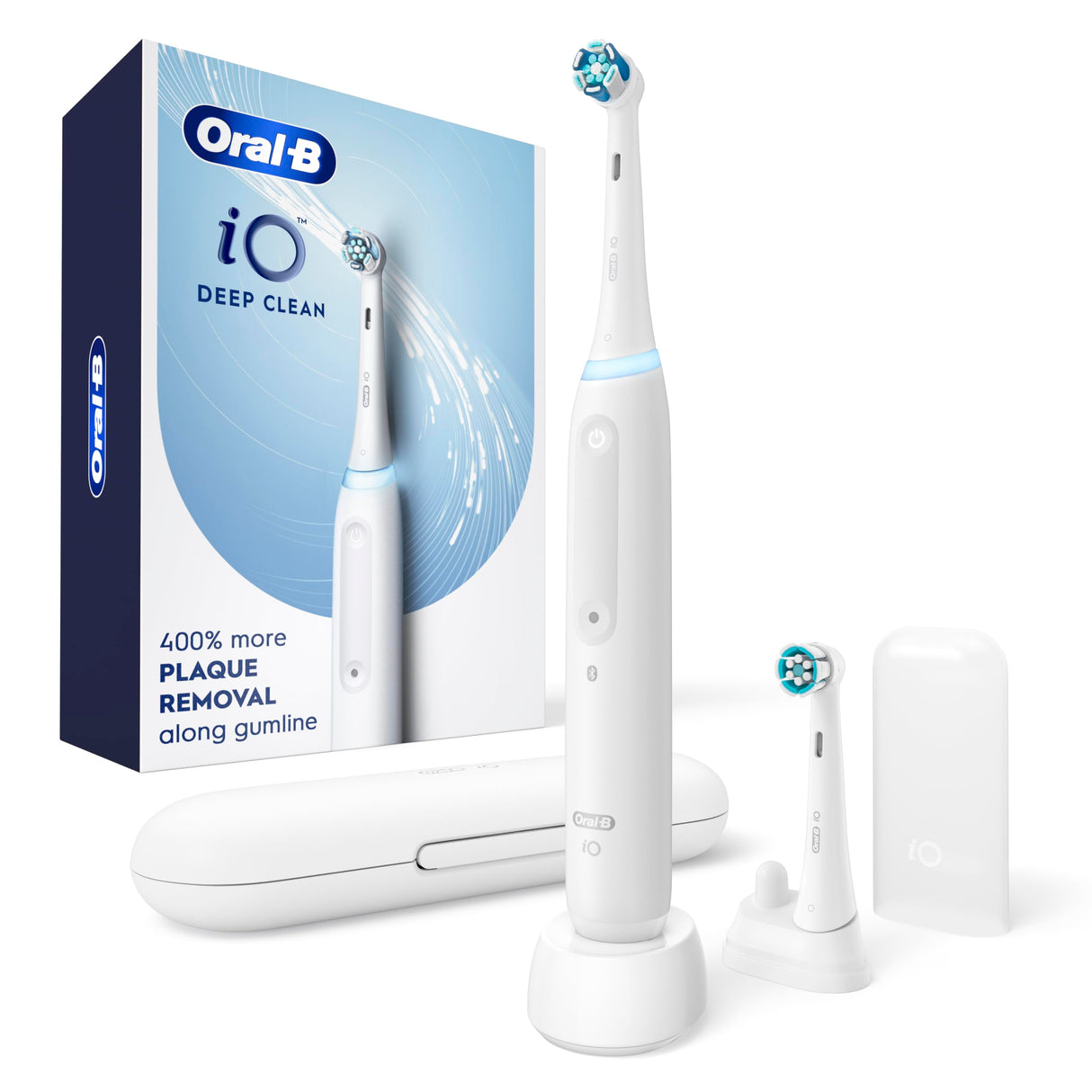 Oral-B iO Deep Clean Rechargeable Electric Powered Toothbrush, White with iO Series 3 Limited, 2 Brush Heads and Travel Case - Pressure Sensor to Protect Gums - 3 Cleaning Settings - 2 Minute Timer
