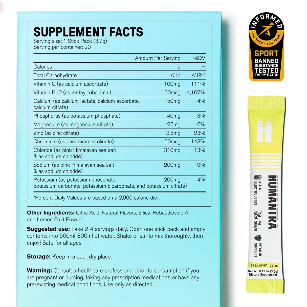 Humantra Himalayan Lime Hydration Packets | Zero Calorie, Zero Sugar Electrolyte Hydration Multiplier w/Essential Minerals, Boost Immune & Metabolic Functions | Electrolytes Powder Immune Support