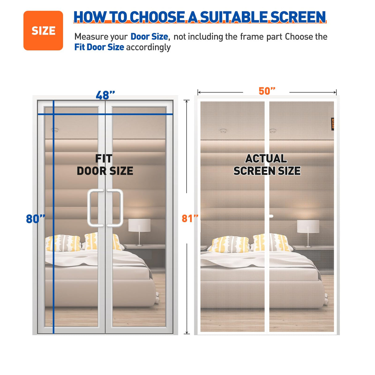 MAGZO Magnetic Screen Door Fit Door Size 48 x 80 Inch, Screen Size 50" x 81" Strong Magnet Door Mesh with Reinforced Hook & Loop for Patio, Sliding, French, White