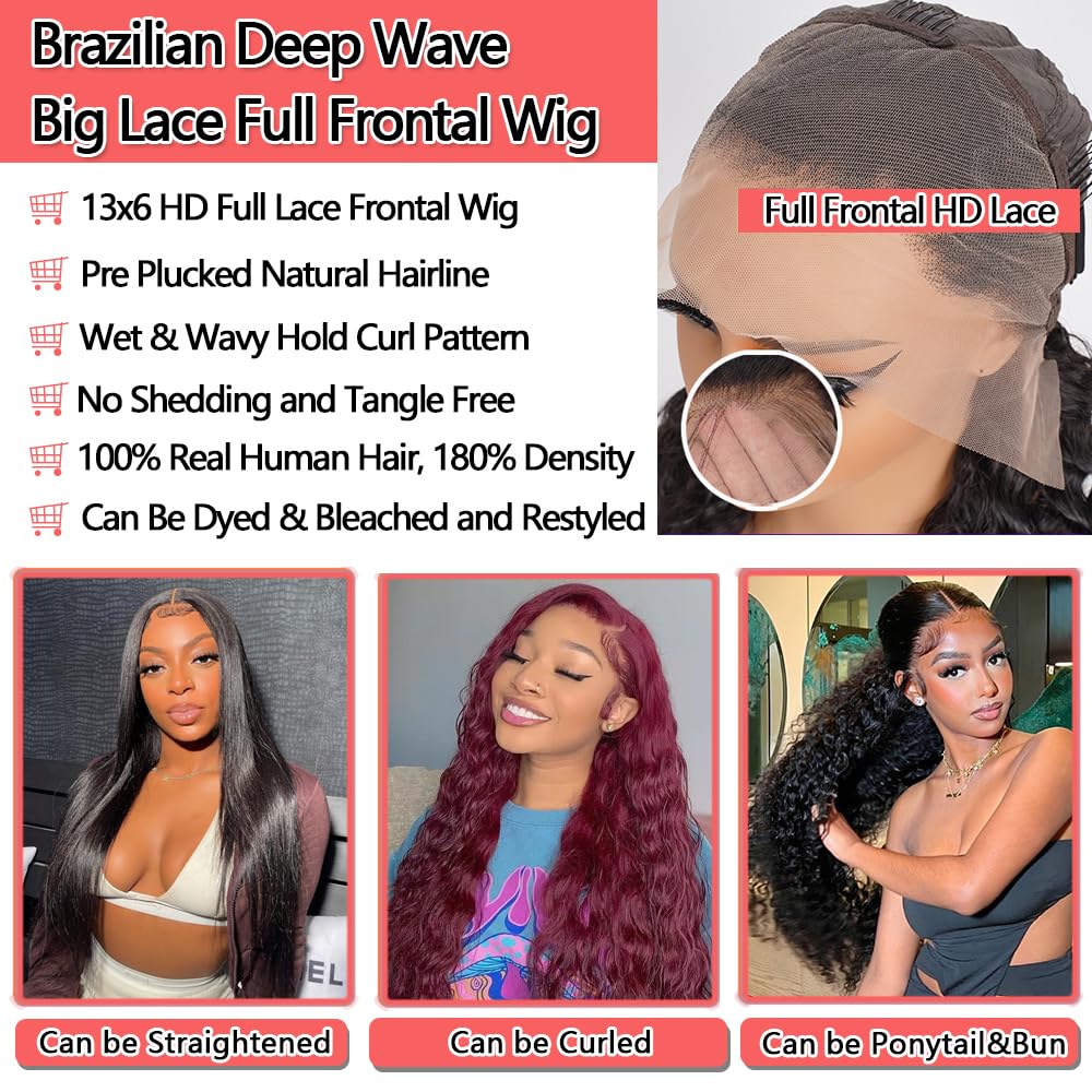 FIONAT 30 Inch Deep Wave Lace Front Wigs Human Hair Pre Plucked 13x6 HD Lace Front Wigs Human Hair 180% Density Deep Curly Wig Frontal Glueless Wigs Human Hair for Women