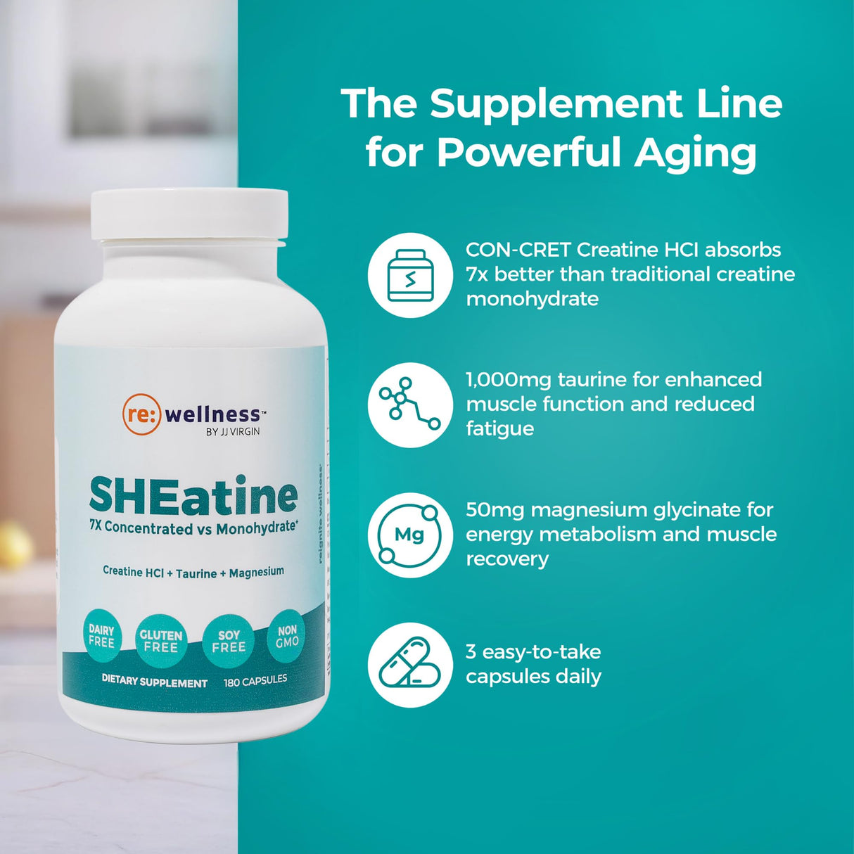 Reignite Wellness by JJ Virgin | SHEatine | Creatine HCL, Taurine & Magnesium Glycinate | 180 Capsules