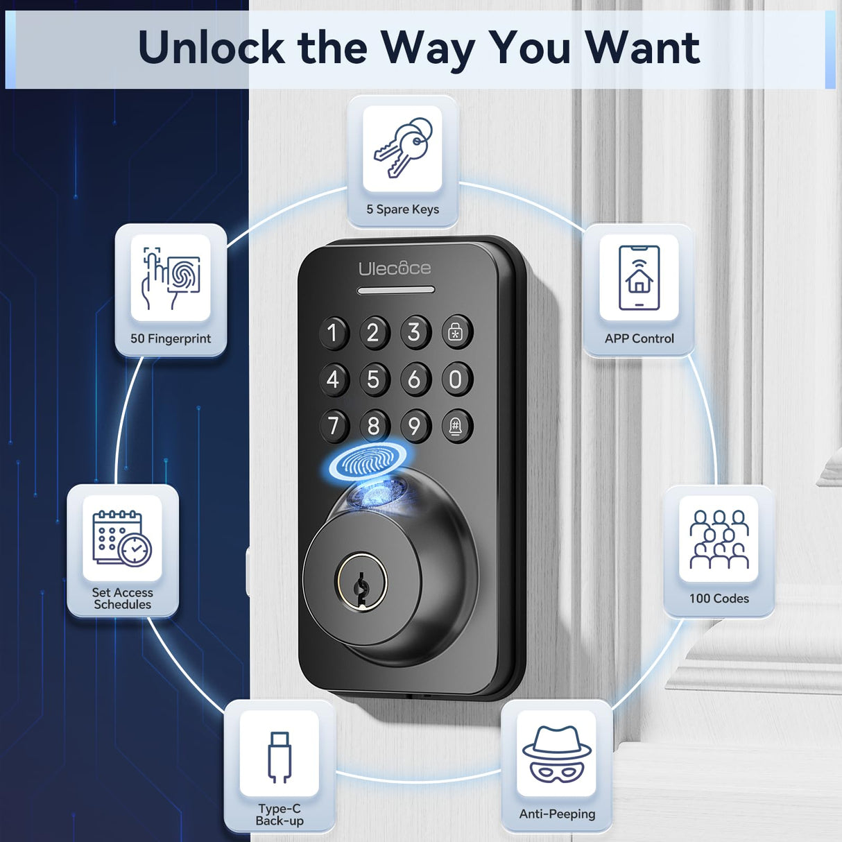 Ulecoce Fingerprint Keypad Deadbolt with Knob Set, Keyless Entry Door Lock with App Control, Door Locks for Front Door, Auto Lock&One-Touch Lock, 100+ User Codes&5 Keys, Easy Installation, Matte Black