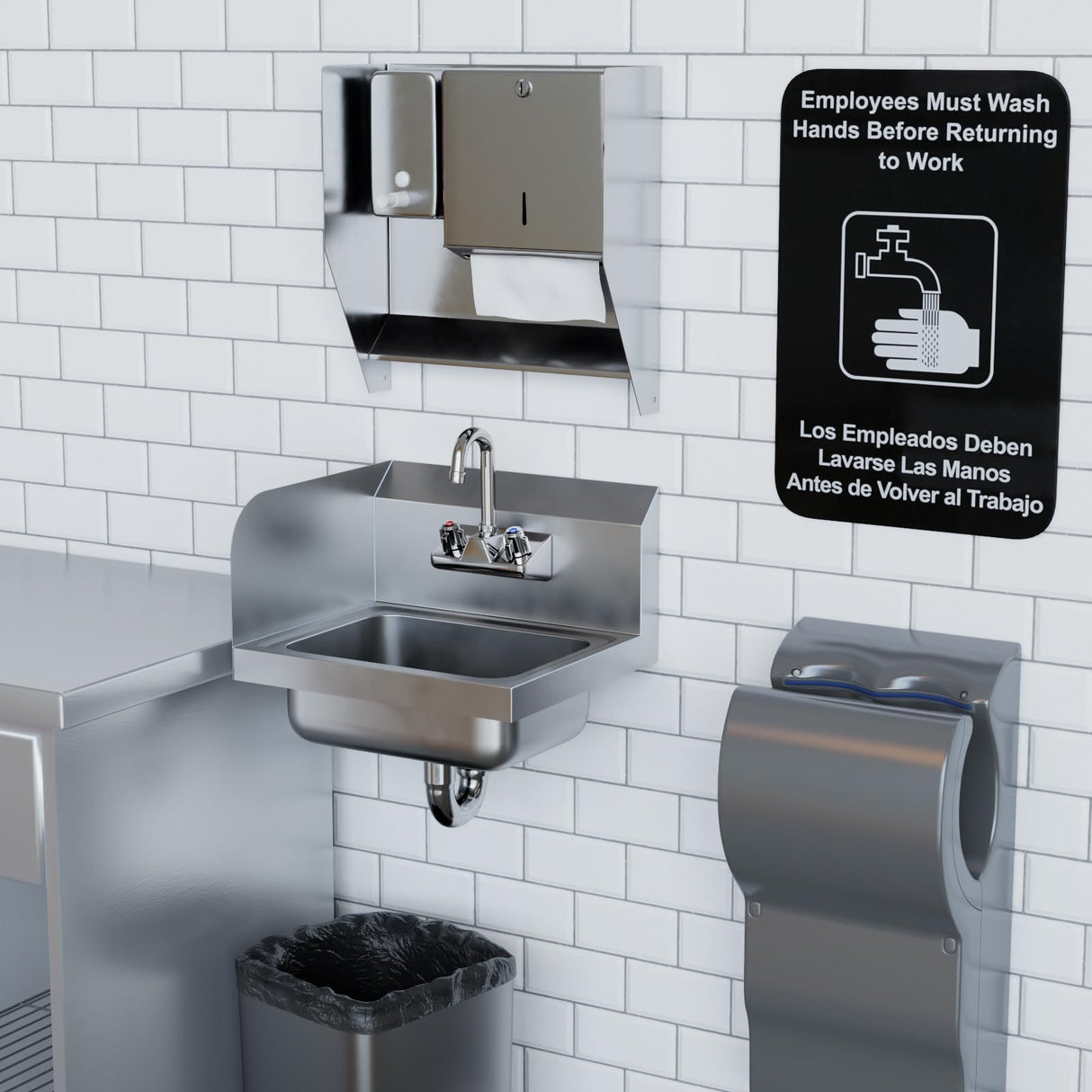 AmGood Stainless Steel Wall Mount Hand Sink with Faucet and Left Sidesplash 17" x 15" | NSF Commercial Hand Washing Basin For Restaurant, Kitchen and Home | Bowl Size: 10" x 14"