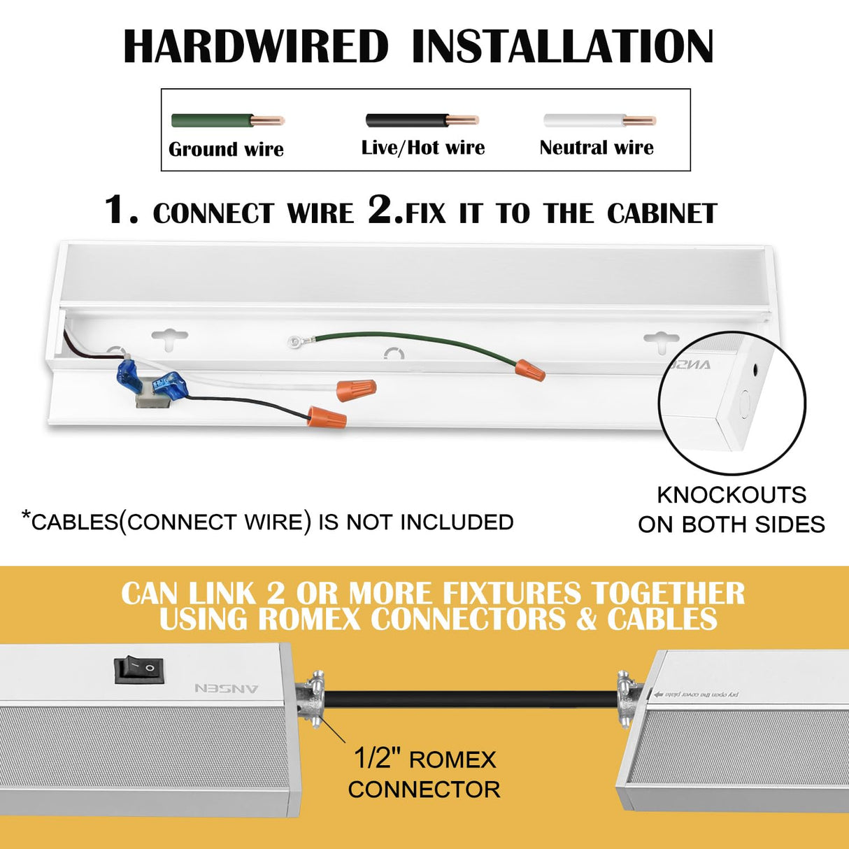 Ansen Hardwired Under Cabinet Lighting, 36in 22W LED Light for Kitchen/Closet, 1426lm, CRI>92, R9>90, Dimmable, 3 Color Temperature, 3000K/4000K/5000K(Warm White, Cool White, Daylight)