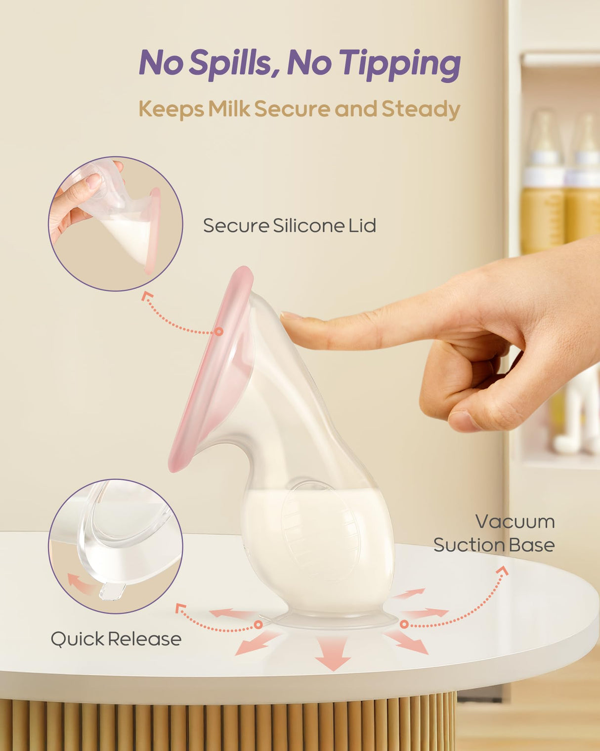 Nuliie Silicone Manual Breast Pump with Leak-Proof Lid & Suction Cup, 4oz/120ml BPA-Free, Wearable Hand Pump Breastmilk, Breast Milk Collectors for Breastfeeding Essentials, Includes Cleaning Brush
