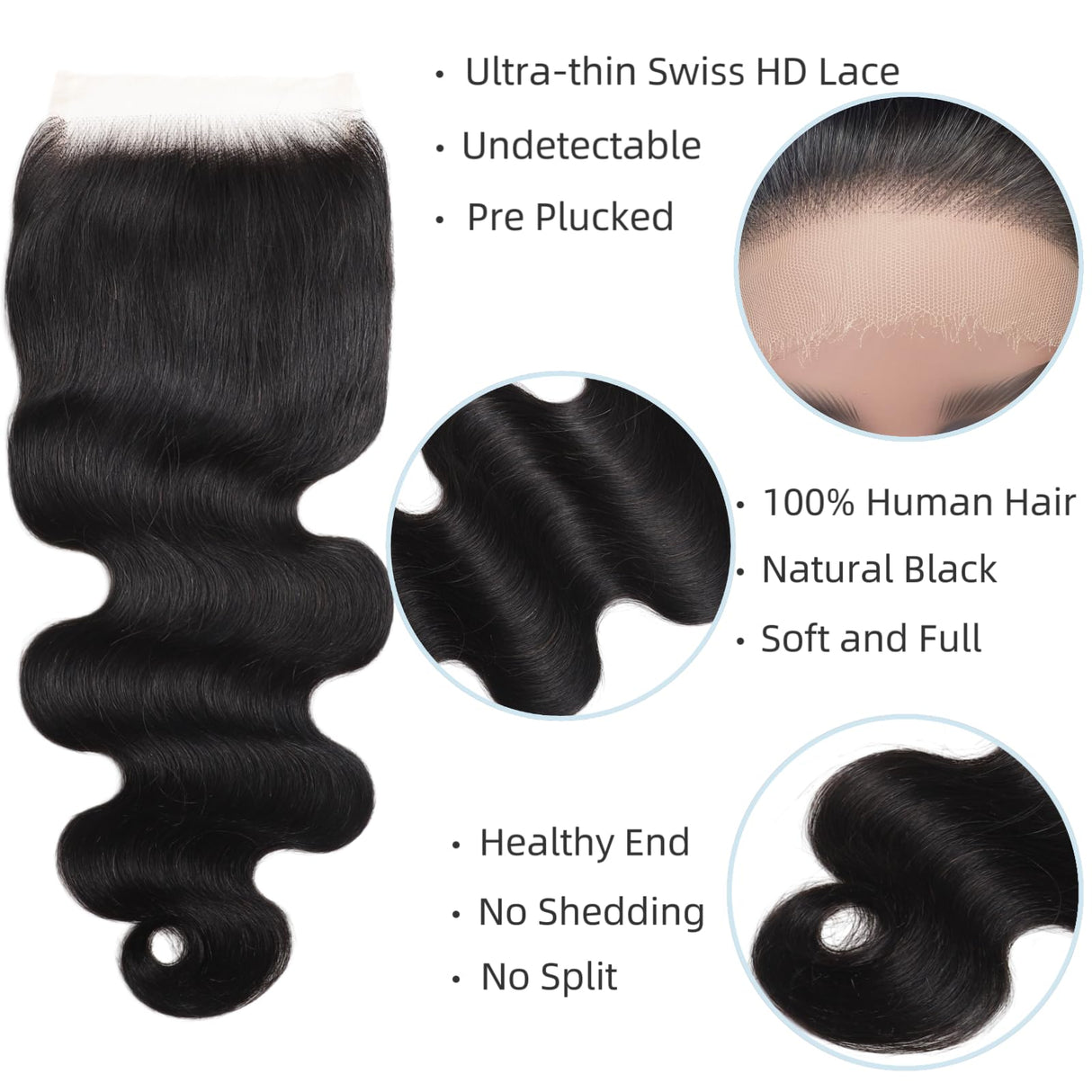 5x5 SKINLIKE 100% Real HD Lace Closure Body Wave Human Hair Closure 0.095mm Ultra-thin Invisible Swiss HD Lace Closure Pre Plucked Small Single Knots Brazilian Virgin Human Hair HD Closure 16inch
