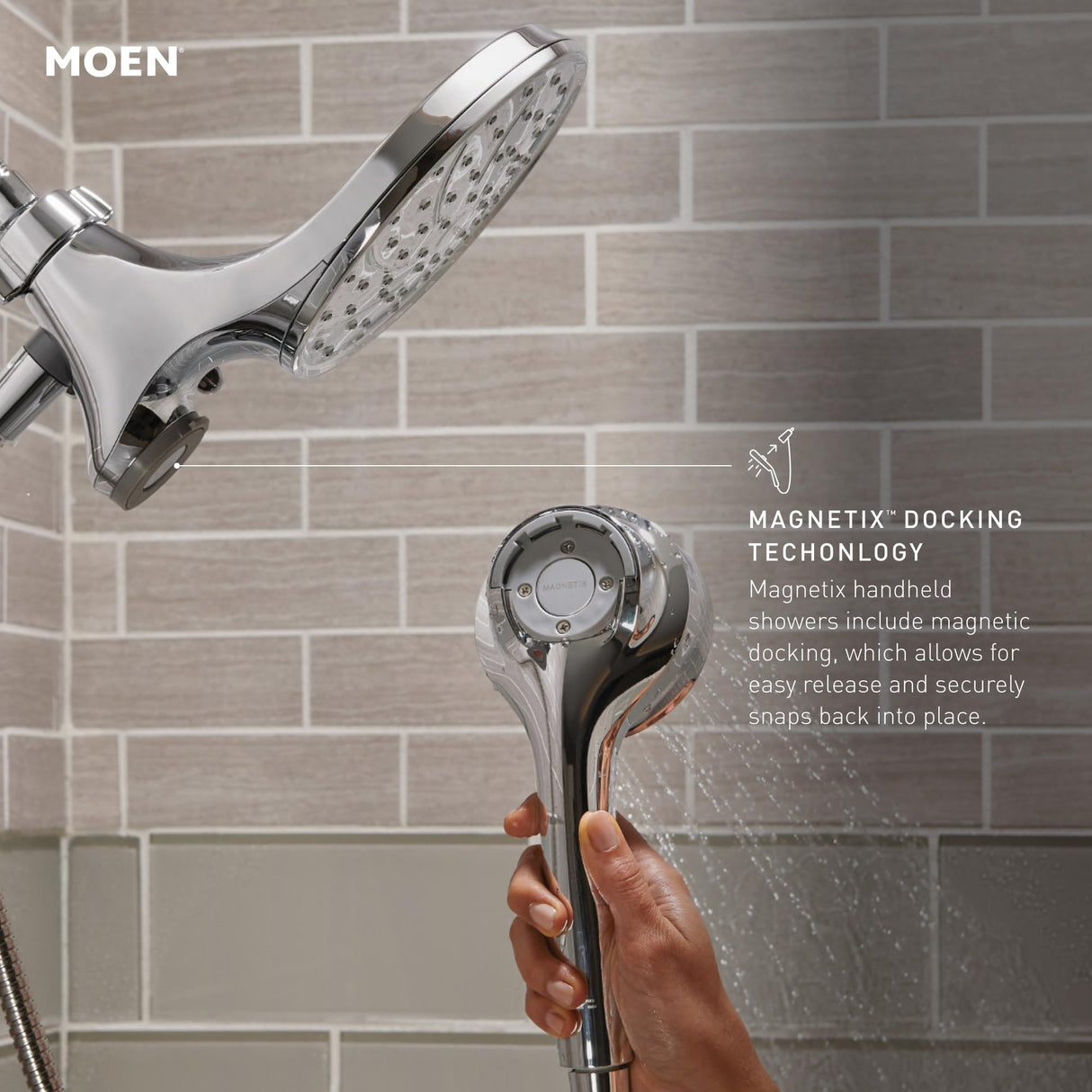 Moen Engage Chrome Magnetix 2-in-1 Combo Rain Showerhead with Detachable Handheld Shower Spray, Featuring Magnetic Docking System, 26009
