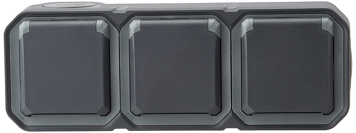 Legrand - Triple Electrical Outlet Receptacle Socket with Grounding, Waterproof, Pre-Wired, with Plexo Flap, 16A, 250V, Complete Surface Mount, Horizontal, Charcoal