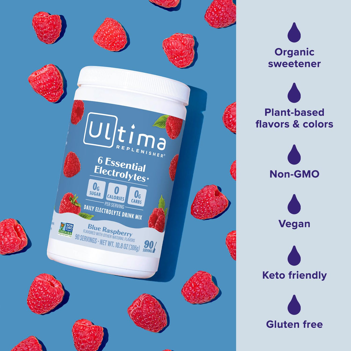 Ultima Replenisher Daily Electrolyte Powder Drink Mix – Sugar Free – Blue Raspberry, 90 Servings – Hydration Powder with 6 Electrolytes and Minerals – Keto Friendly, Vegan, Non-GMO