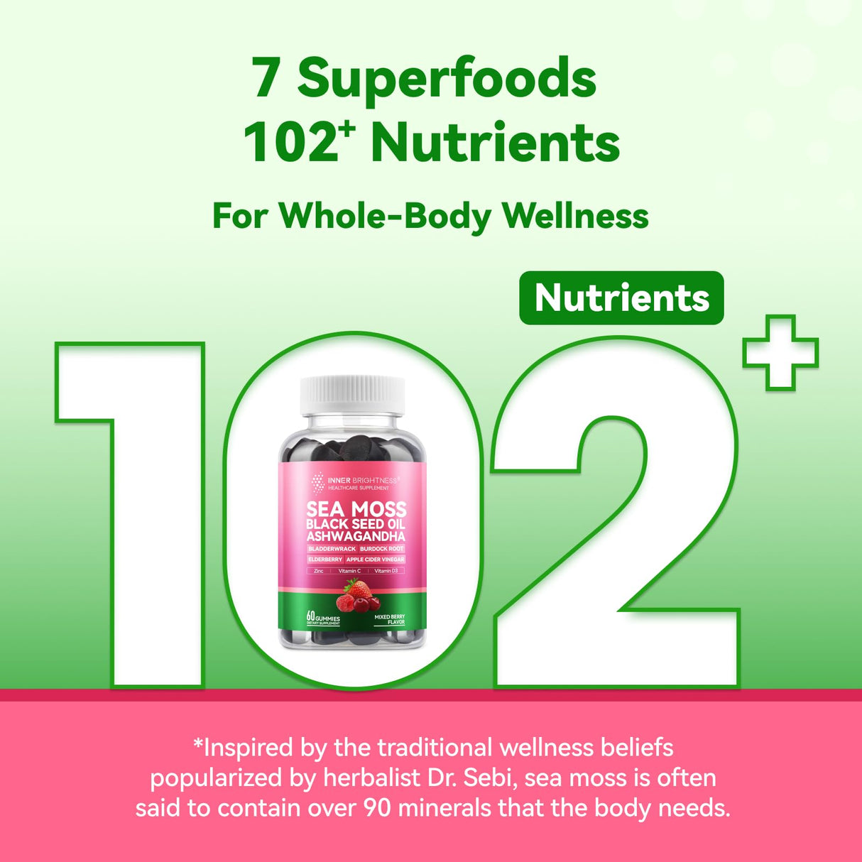 Inner Brightness Sea Moss 4000mg Gummies with Ashwagandha, Elderberry, Apple Cider Vinegar, Bladderwrack, Burdock Root – Immune Support – Mixed Berry Flavor – 60 Count