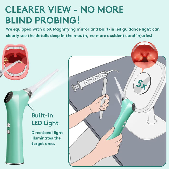 ALITAKE Electronic Vacuum Tonsil Stone Remover - Tonsil Stone Removal Kit with Built-in LED Light & 3 Suction Mode - Fight Bad Breath Oral Irrigator & 5X Magnifying Mirror for Tonsil Stone Removal - Green