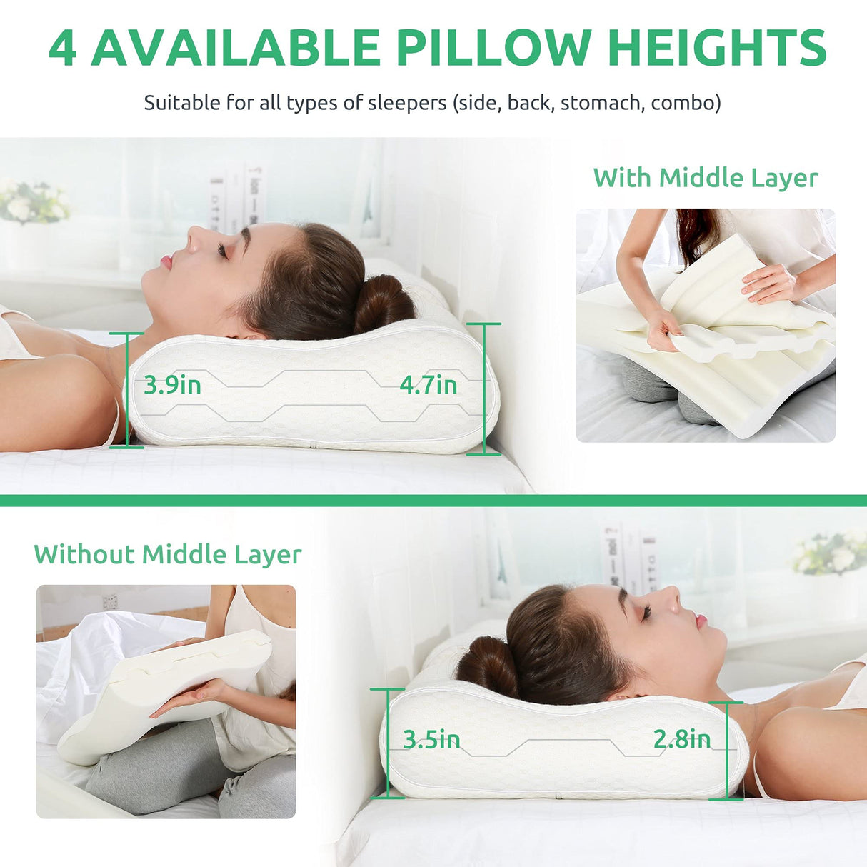 UTTU Cervical Pillow for Neck Strain Relief, Memory Foam Neck Pillow for Sleeping, Adjustable Orthopedic Sandwich Pillow, Contour Cooling for Side Back Stomach Sleeper, King(27.6"×15.7"×4.7"/3.9")