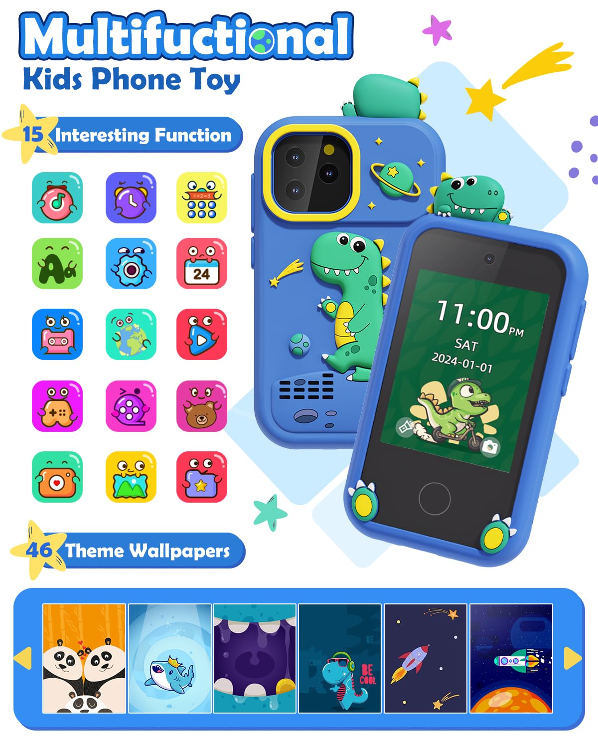 Sueseip Smart Phone for Kids Toys Age 4-6, Christmas Birthday Gifts Dinosaur Toddler Toys for Boys 5-7, Touchscreen Dual Camera Kids Cell Phone for Boys Age 8-10, with Games,SD Card,Screen Protector