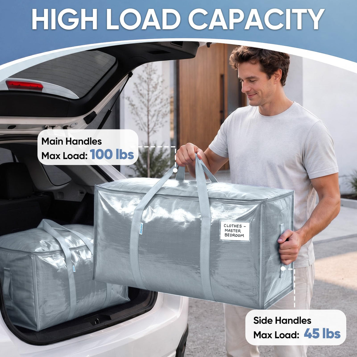 TICONN 6 Pack Extra Large Moving Bags Heavy Duty with Zippers & Carrying Handles, Durable Storage Bags Moving Boxes for Closet Organizers and Storage (6 Pack, Light Grey)