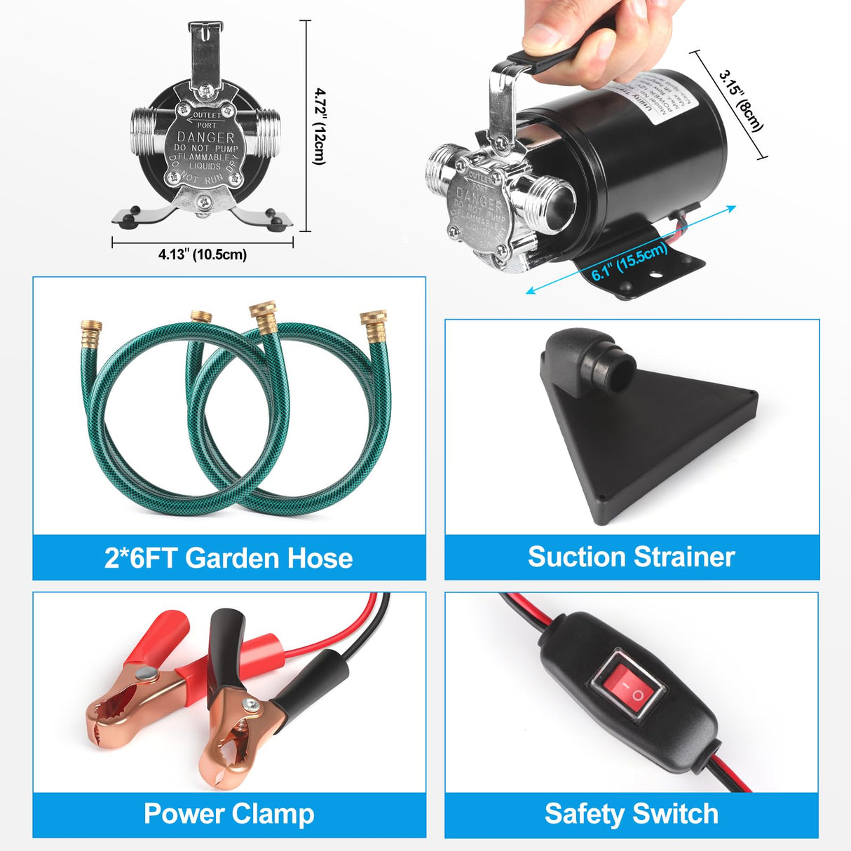FIDISP 12 Volt Water Pump, Portable Transfer Pump, 330GPH Larger Flow, 1/10HP Electric Utility Pump with On/Off Switch, 2 * 6’ Water Hose Kit for Garden Pools Aquariums Hot Tub