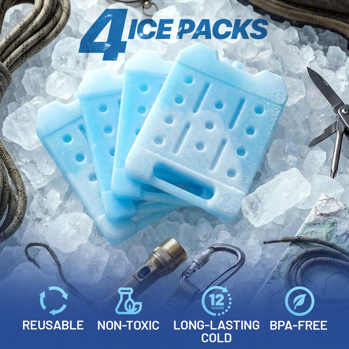 RIDGECOOL 4 Pack Reusable Extra Large Ice Packs for Cooler, Long Lasting Freezer Packs for Camping, Beach, and Road Trips, Cooler Ice Packs BPA-Free Non-Toxic, 10.28"x 7.80"