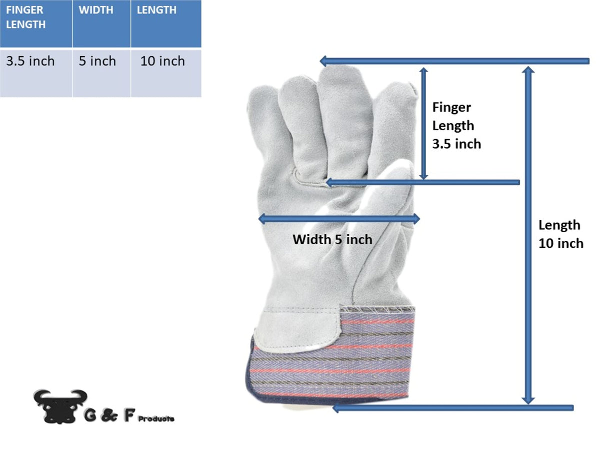 G & F Products Cowhide Leather Work Gloves with Suede Finish Palm rubberized safety cuff, 5 Pairs