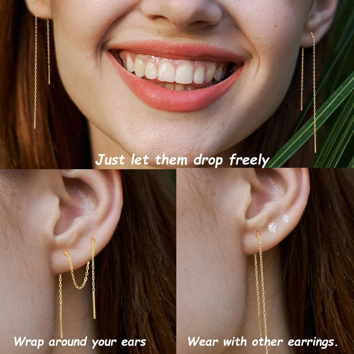 Dangle Earrings Threader Chain Earring Women Sterling Silver (Gold)