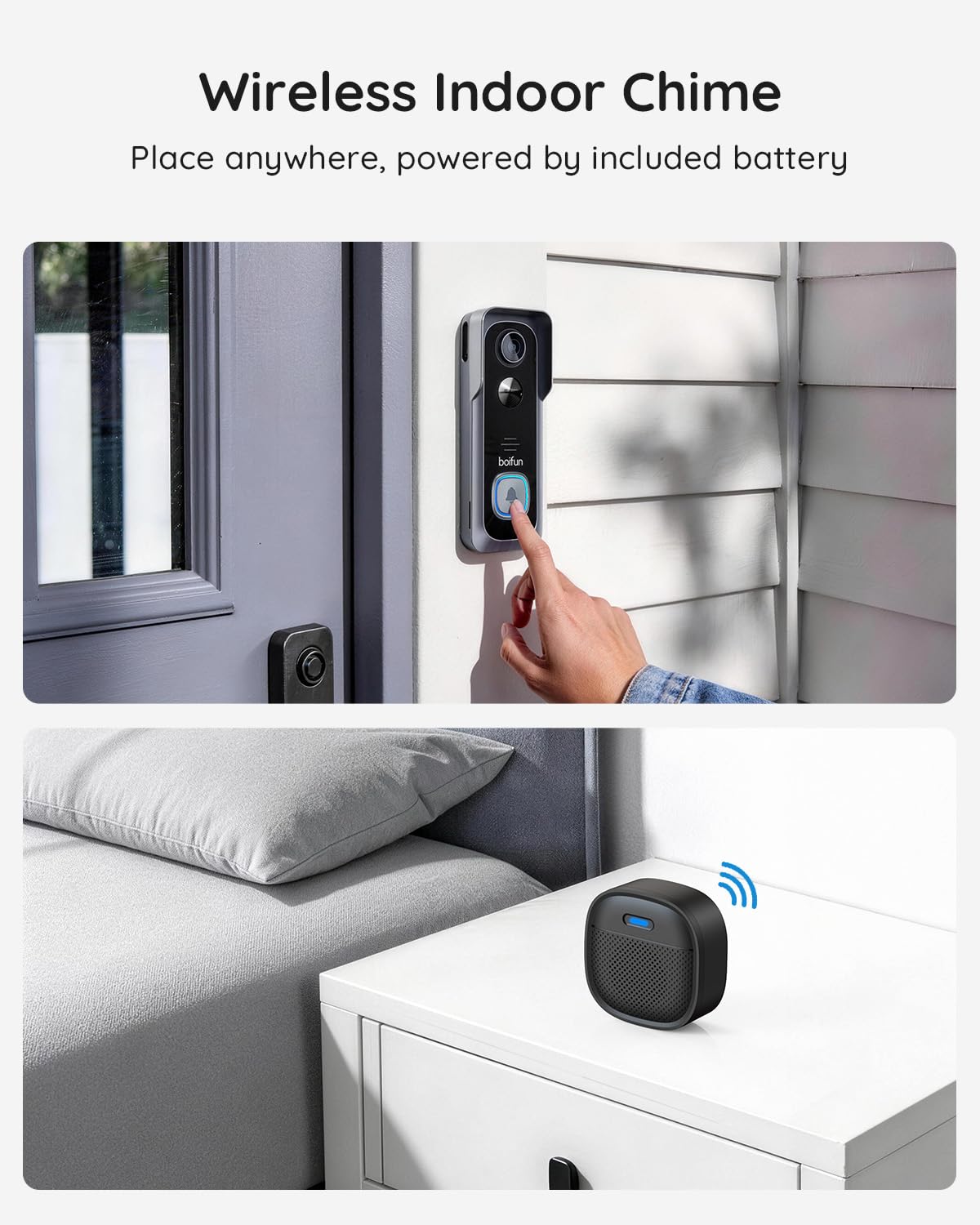 BOIFUN Video Doorbell Camera Wireless – No Subscription Required, 2K HD, 166° Wide View, HDR Night Vision, Motion Alerts, Two‑Way Audio & Battery Video Doorbell with Chime, 2.4 GHz Wi‑Fi Only