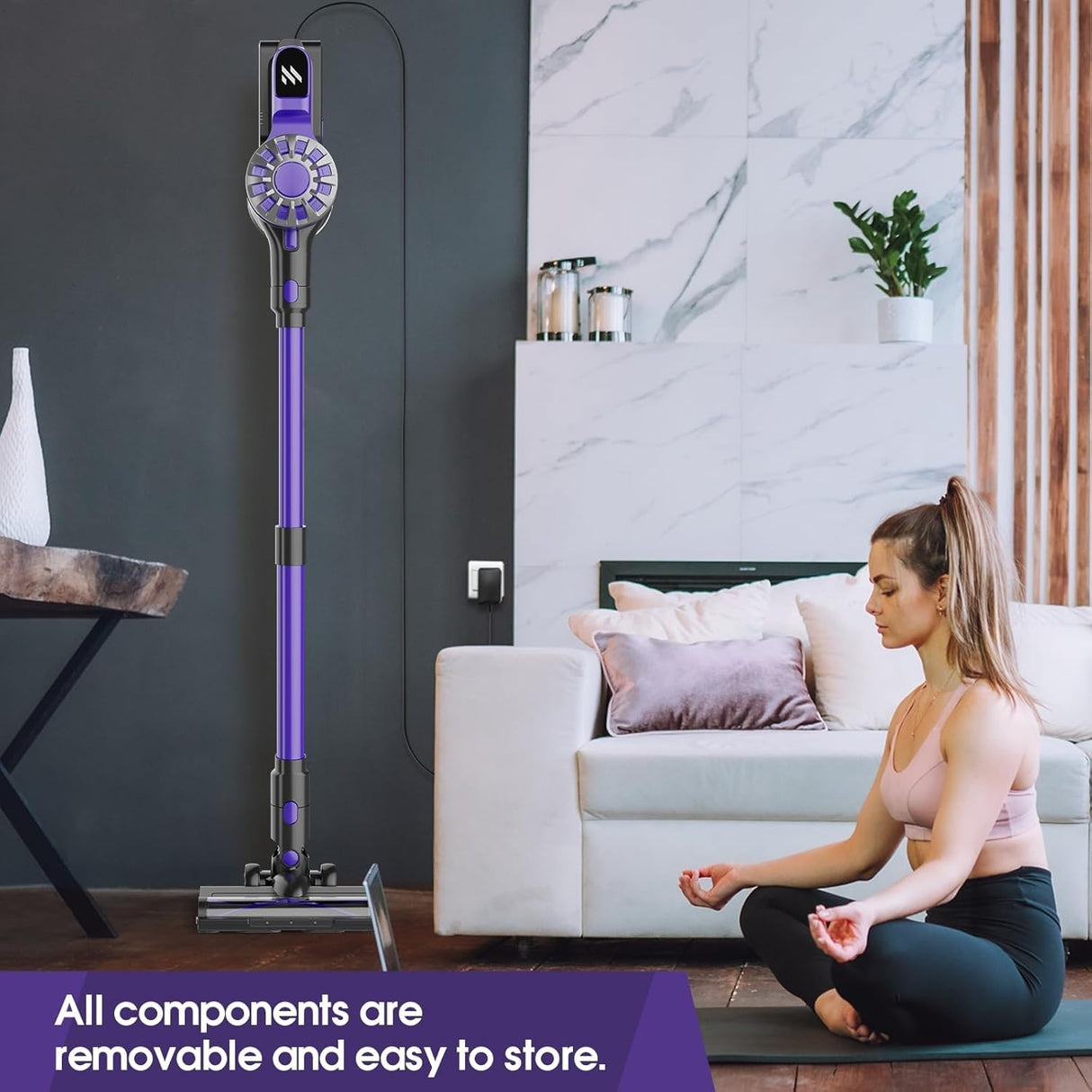 ATTELL Cordless Vacuum Cleaner,28Kpa Strong Suction,Wall Mounted Charging,Removable Battery,Green Light to Show Dust,Low Noise Handheld Vacuum Cleaner,Suitable for Carpets,Pet Hair, Hard Floors