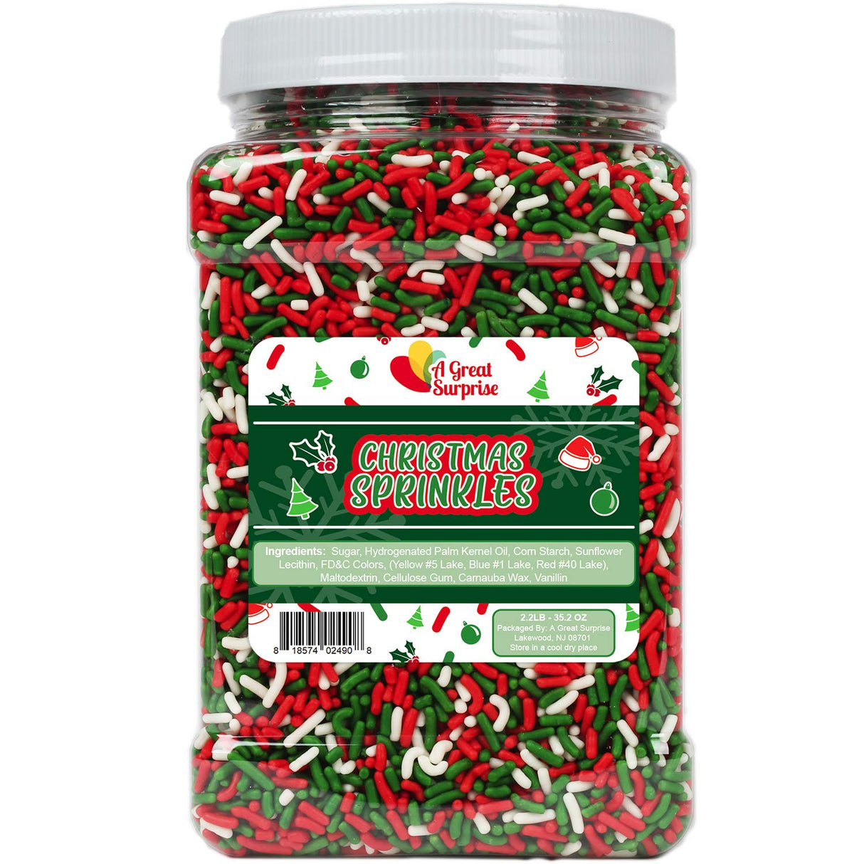 Christmas Sprinkles Bulk - 2.2 LB - Xmas Tree Jimmies - Red, Green & White Confetti for Dessert Decorating - Holiday Baking Toppings for Gingerbread, Cupcakes, Cookies, Cake Pops