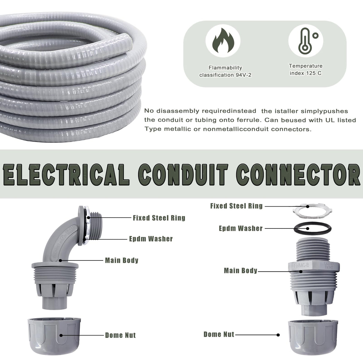 Feotech Liquid-Tight Conduit and Connector Kit - 1/2 Inch 25 FT Non Metallic Liquid Tight Electrical Conduit with 5 Straight and 5 Angle Fittings
