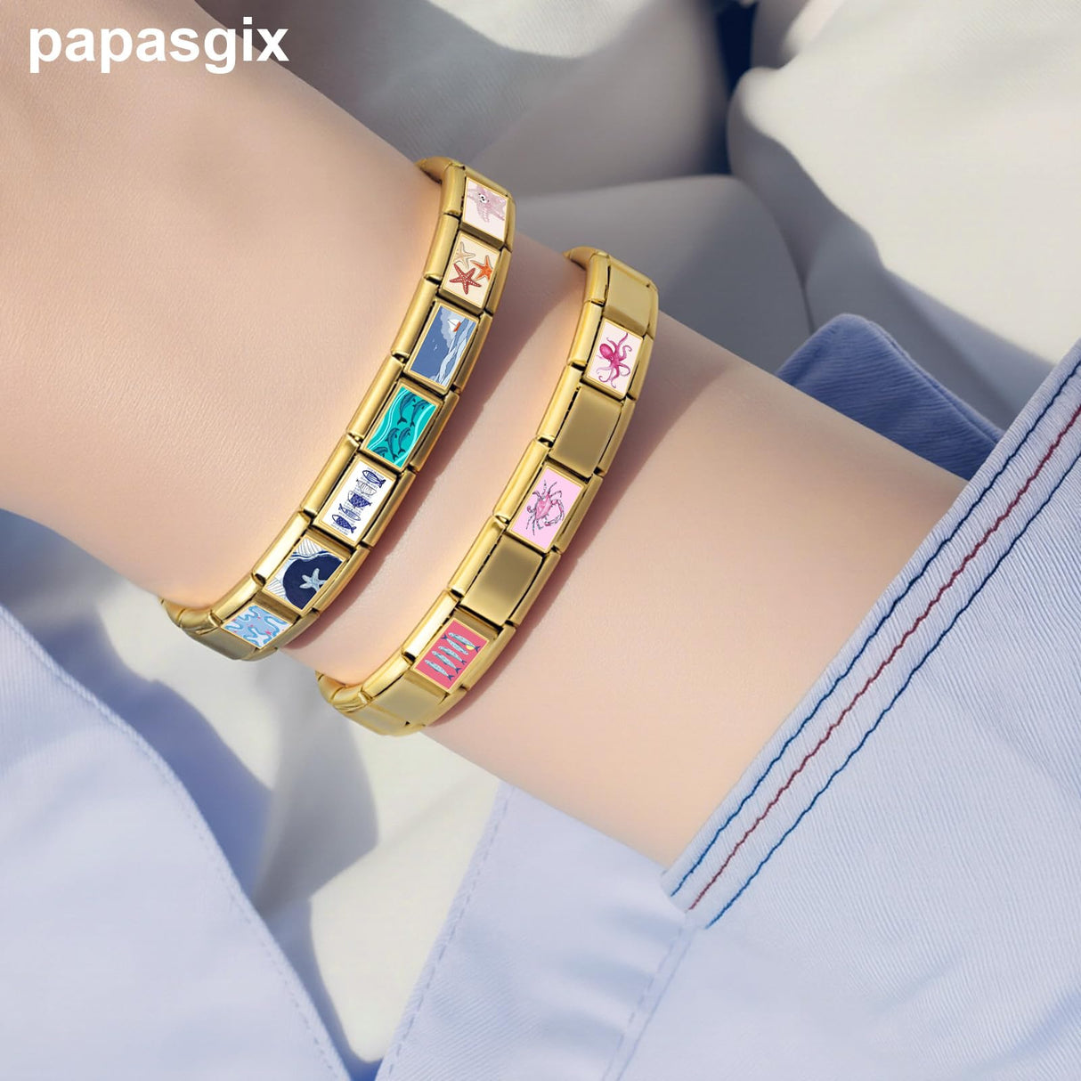 papasgix Italian Charm Bracelet Charms Gold Silver Set with 1pc Starter Brascelet, 10pcs Assorted Italian Charms for Bracelets and 1pc Opening Tool, 9mm Modular Italian Charm Bulk Pack Links Handmade DIY Jewelry (Gold)