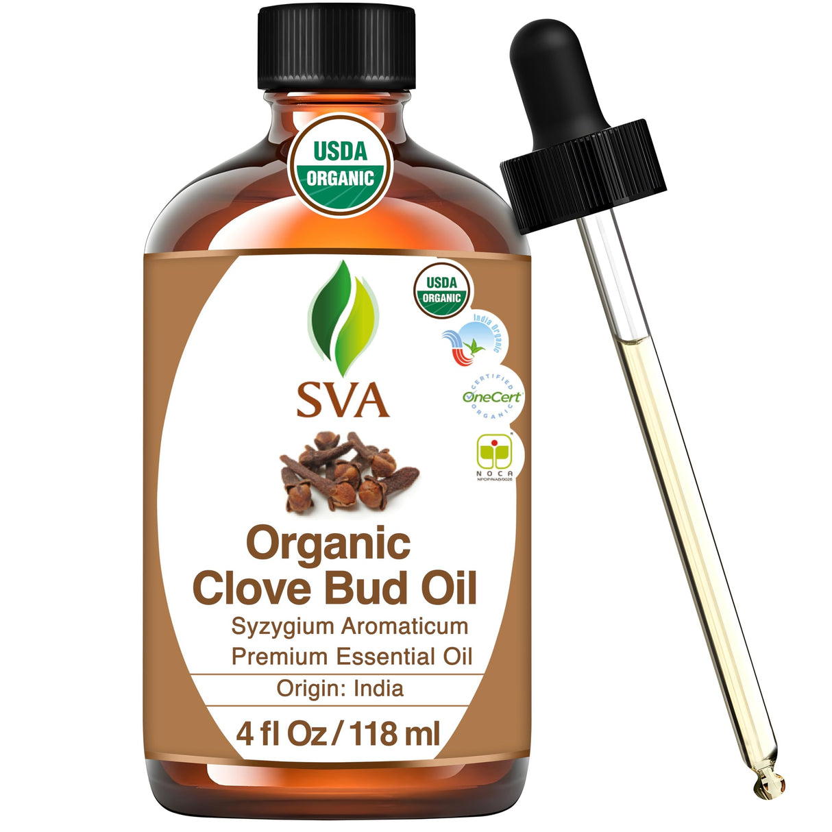 SVA Clove Essential Oil Organic – 4 Fl Oz – 100% Natural Organic Clove Oil - for Diffuser, Hair Care, Face, Skin Care, Aromatherapy, Scalp and Body Massage, Soap and Candle Making - with Dropper