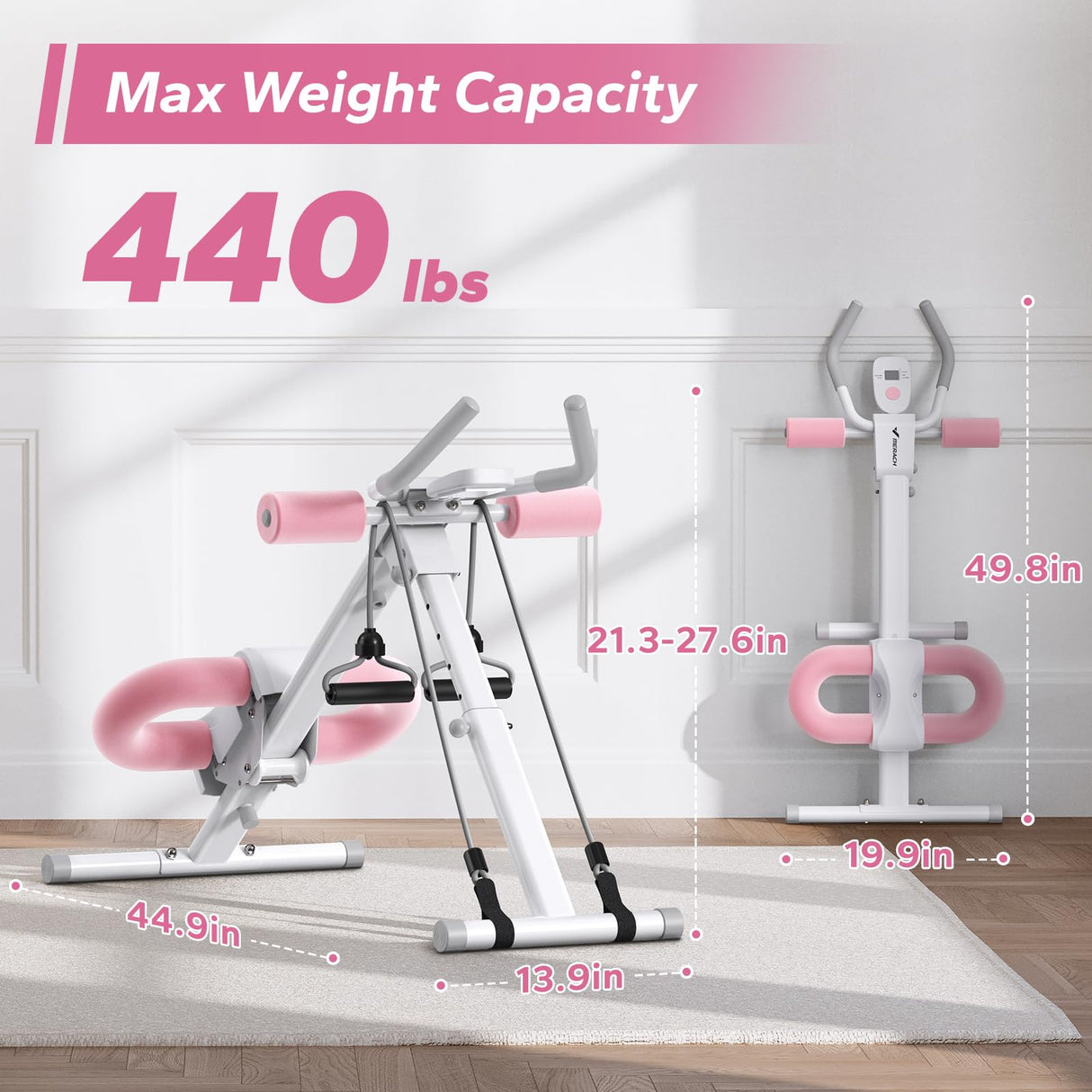 MERACH Ab Machine, Ab Workout Equipment, Adjustable Ab Trainer Machine for Abs Workout at Home Gym, Foldable, Knee Protection, Abdominal Trainer for Stomach (Pink)