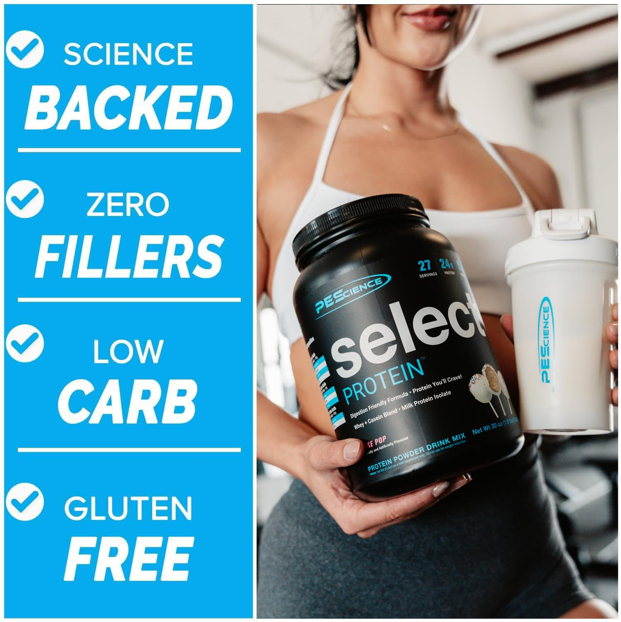 PEScience Select Protein Powder, Whey and Casein Blend, Clean Protein Powder for Women and Men, Low Calorie, Low Carb, Keto Friendly, Gluten Free, Frosted Chocolate Cupcake, 27 Servings