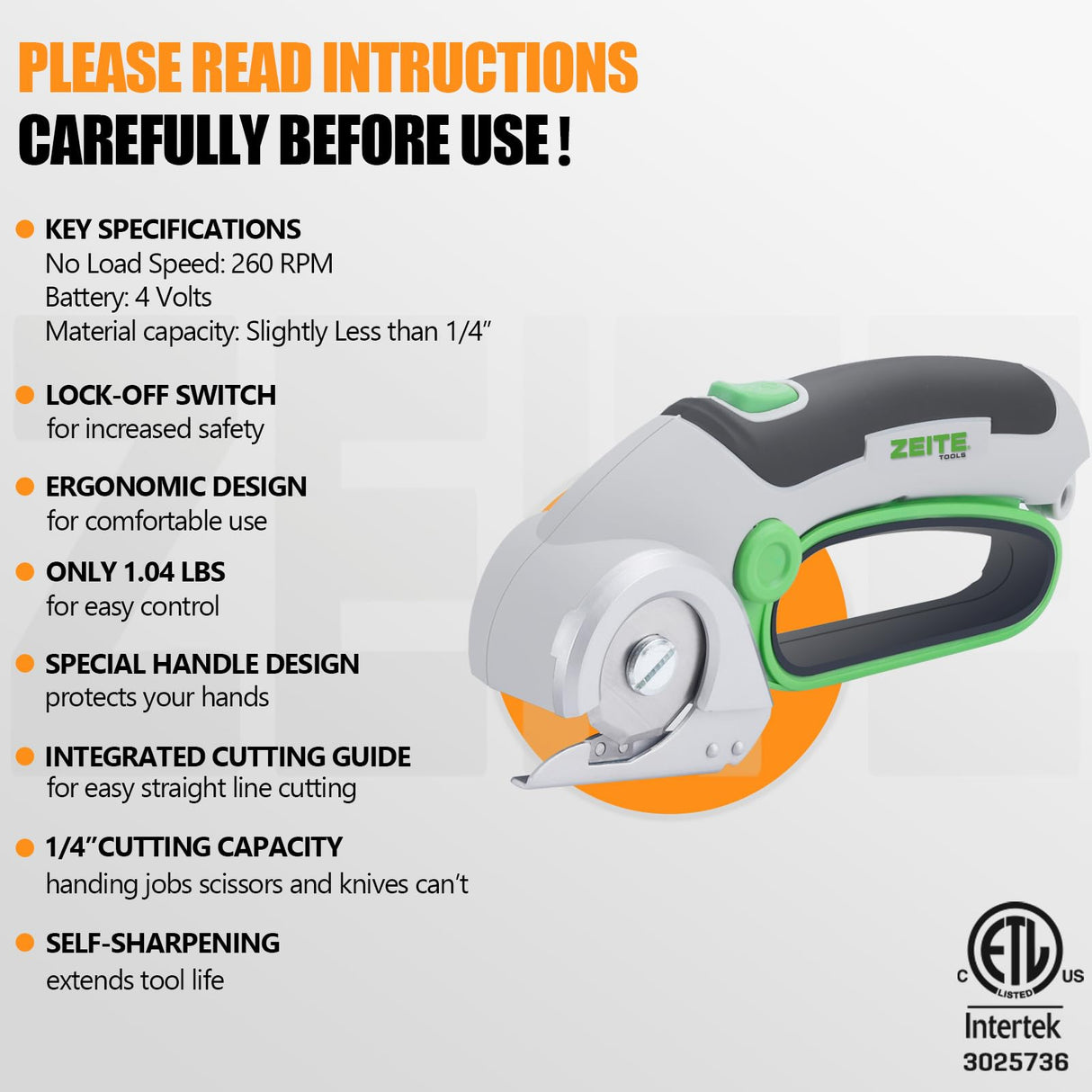 ZEITE 4V Cordless Electric Scissors Cardboard Cutter with 1 x Replace Blade,1 x Storage Box,1 x USB Rechargeable Cable Rotary Cutter for Box Plastic Carpet Cloth, Easy to Hold and Safety,Gray