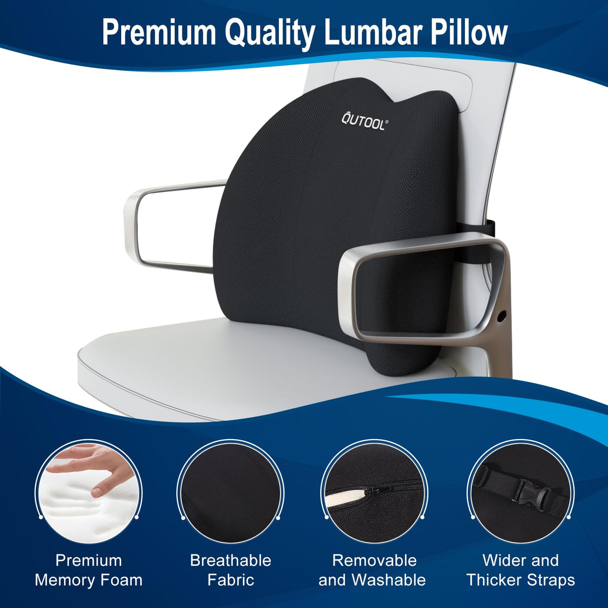 QUTOOL Lumbar Support Pillow for Office Chair, Memory Foam Low Back Support,Back Pain Relief, Ergonomic Large Back Cushion for Desk Chair,Gaming Chair,Adjustable Strap and Washable Cover