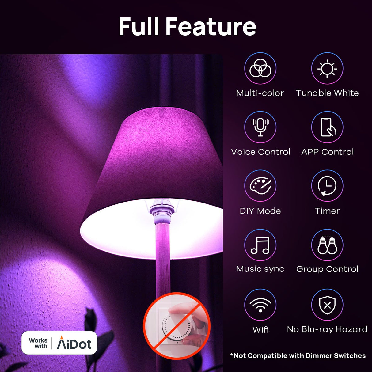 Linkind Matter Smart Light Bulb, WiFi Smart Bulbs, Work with Apple Home, Siri, Alexa, Google, SmartThings, AiDot, RGBTW Color Changing Bulbs Mood Lighting, Music Sync, A19 E26 60W, 2.4Ghz WiFi 6 Pack