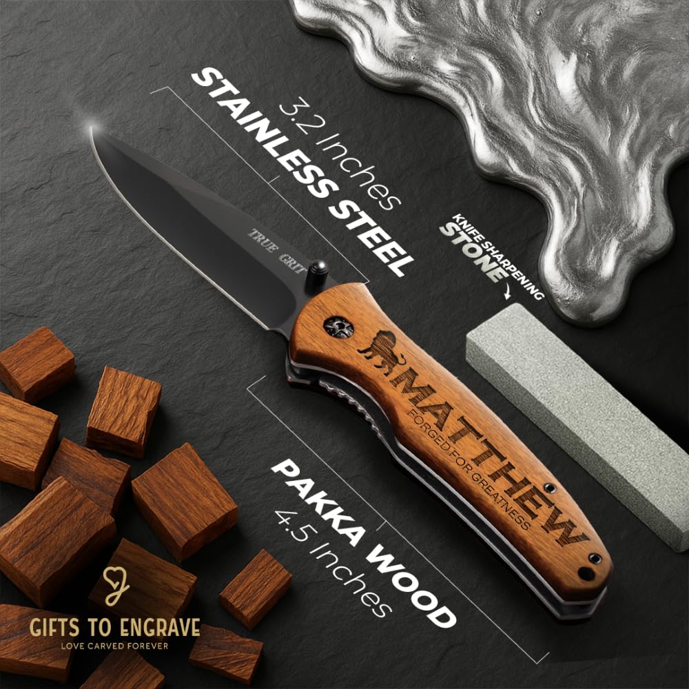 GIFTS TO ENGRAVE Custom Pocket Knife for Men, Personalized Fathers Day Gift, Engraved Hunting Knife, Wood Handle, Groomsmen & Best Man Gift