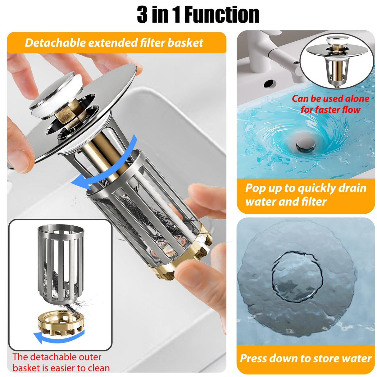 Anlige 3 in 1 Pop Up Bathroom Sink Stopper, Bathroom Sink Drain Strainer, with Removable Basket Hair Catcher, Universal Sink Plug Cover for 1.06 in to 1.6 in Drain, Brushed Nickel