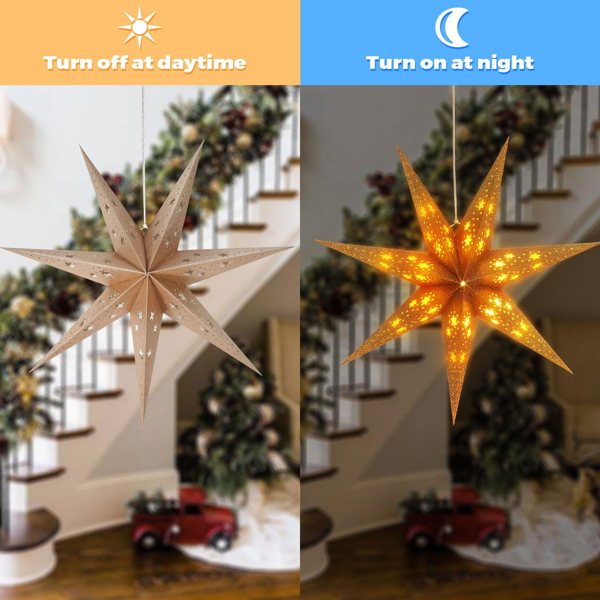 2 Pack 26.8 Inch Paper Star Lantern Christmas Decor, 8 Modes 7-Pointed Star Diwali Hanging Lights, Christmas Decorations Lamp Indoor for Birthday Wedding Party (Champagne)