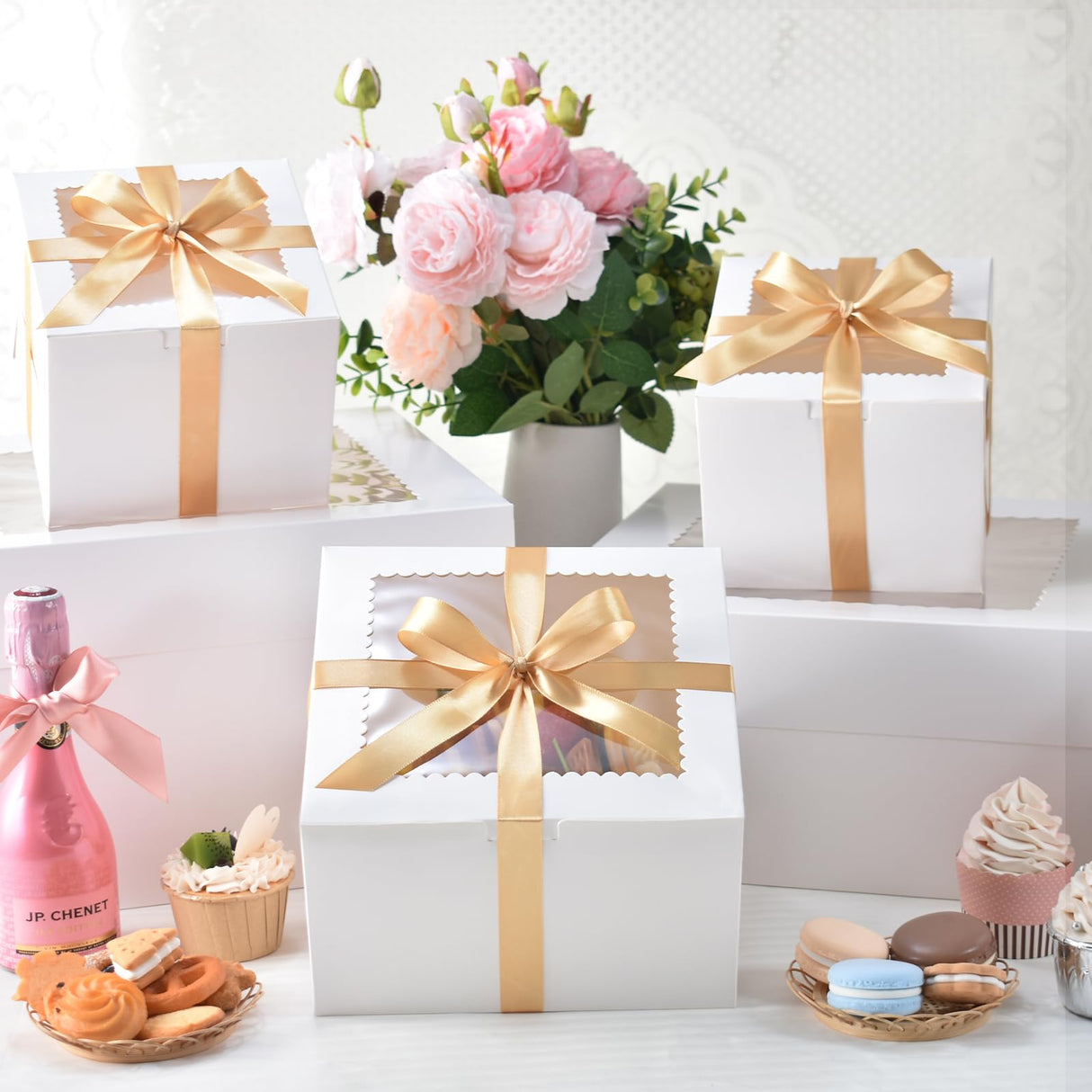 KPOSIYA 40pcs 8x8x5 inches Cake Boxes with Cake Boards(20 Boxes & 20 Boards), White 8 inch Cake Boxes with Window,Cajas Pasteles Square Cardboard Cake Containers for Christmas Thanksgiving