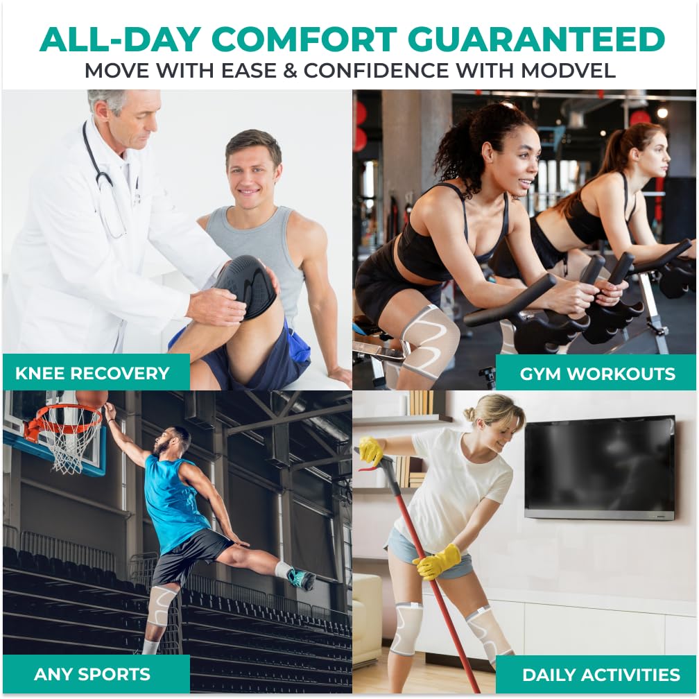 Modvel Compression Knee Brace for Women & Men, 2 Pack Knee Support Sleeves for Running, Meniscus Tear, ACL, Arthritis Pain Relief, Workout – XXL, Skin