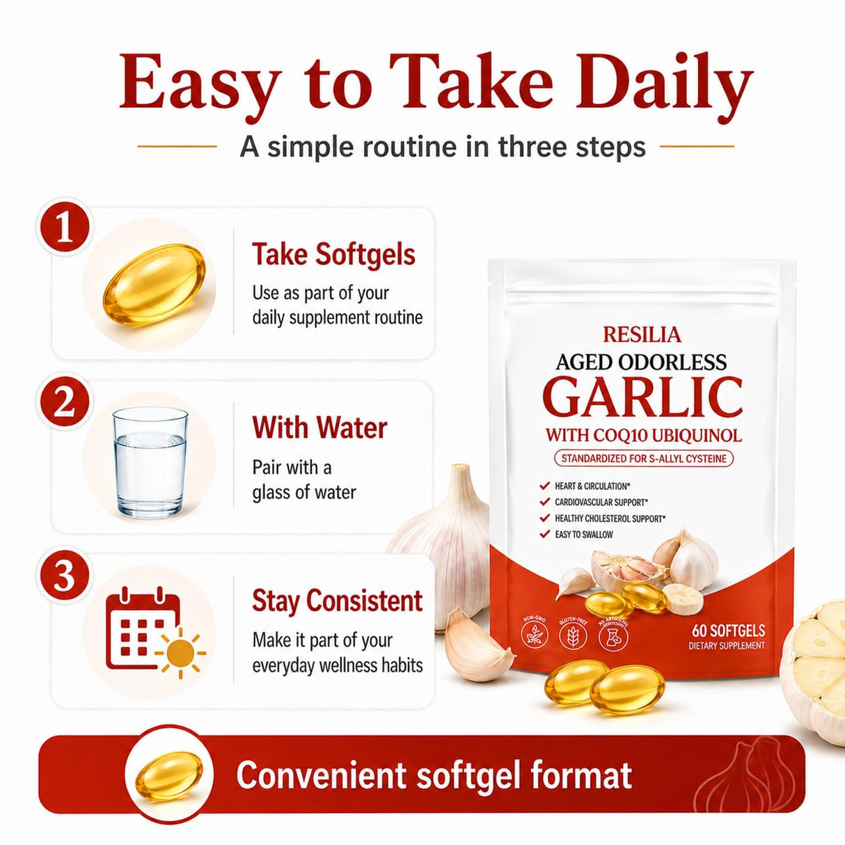 Resilia Aged Garlic Extract 600mg Softgels (60 Count), Daily Wellness Support Softgels for Adults