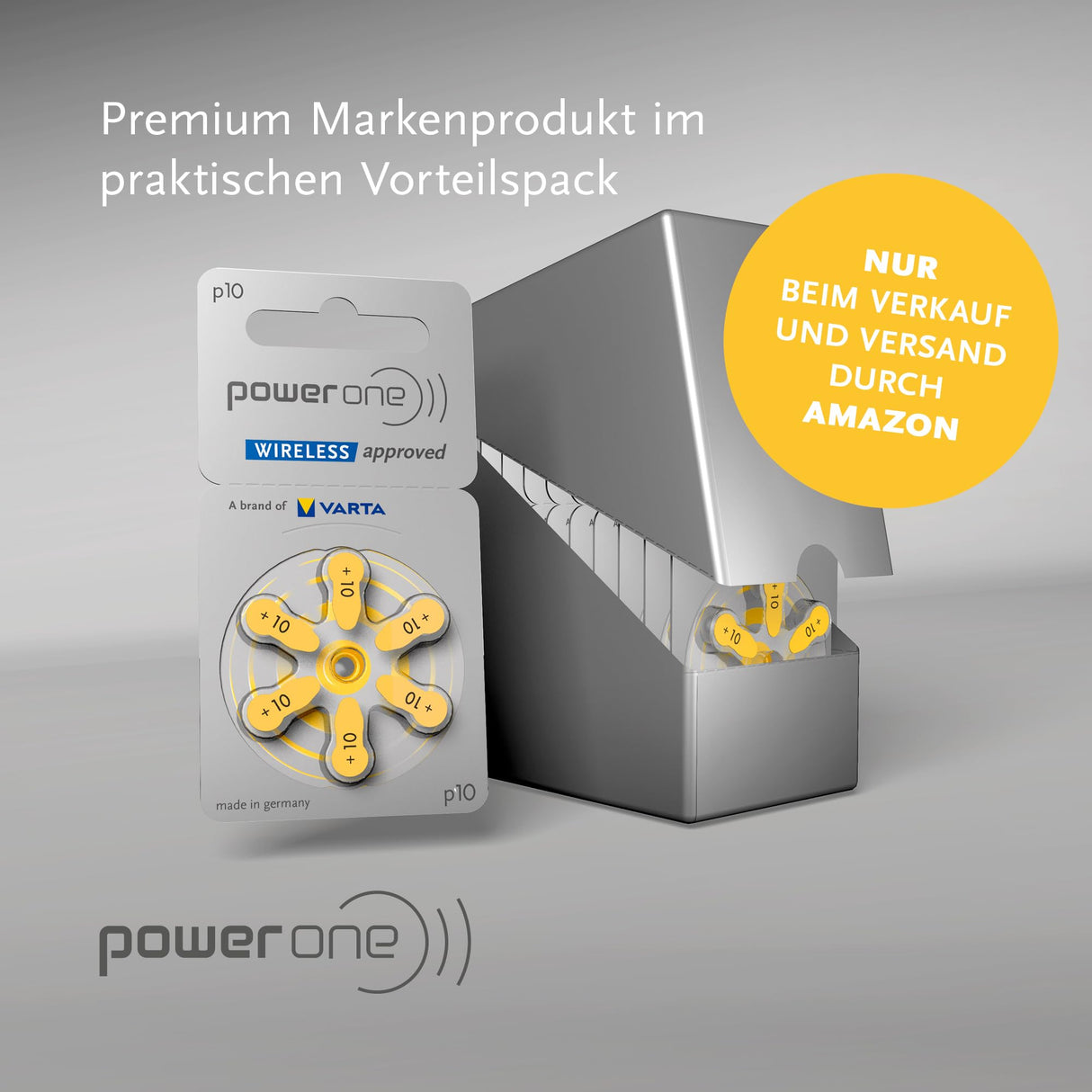 Power one Hörgerätebatterien Typ 10 gelb, Batterien 60 Stück Vorratspack, wireless approved, Größe p10 für Hörgeräte und Hörhilfen, high hearing level, quecksilberfrei, Made in Germany