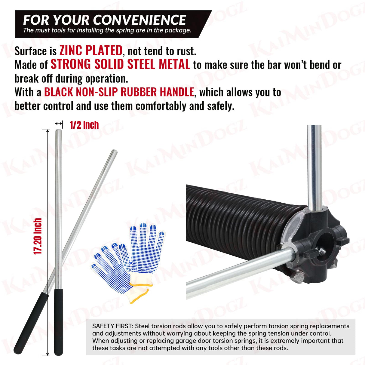 KaiMinDogz Pair of 2" Garage Door Torsion Springs Set with Non-Slip Winding Bar & Gloves,High Precision Electrophoresis Black Coated, for Replacement & Installation, MIN 16,000 Cycles (0.243x2"x41")