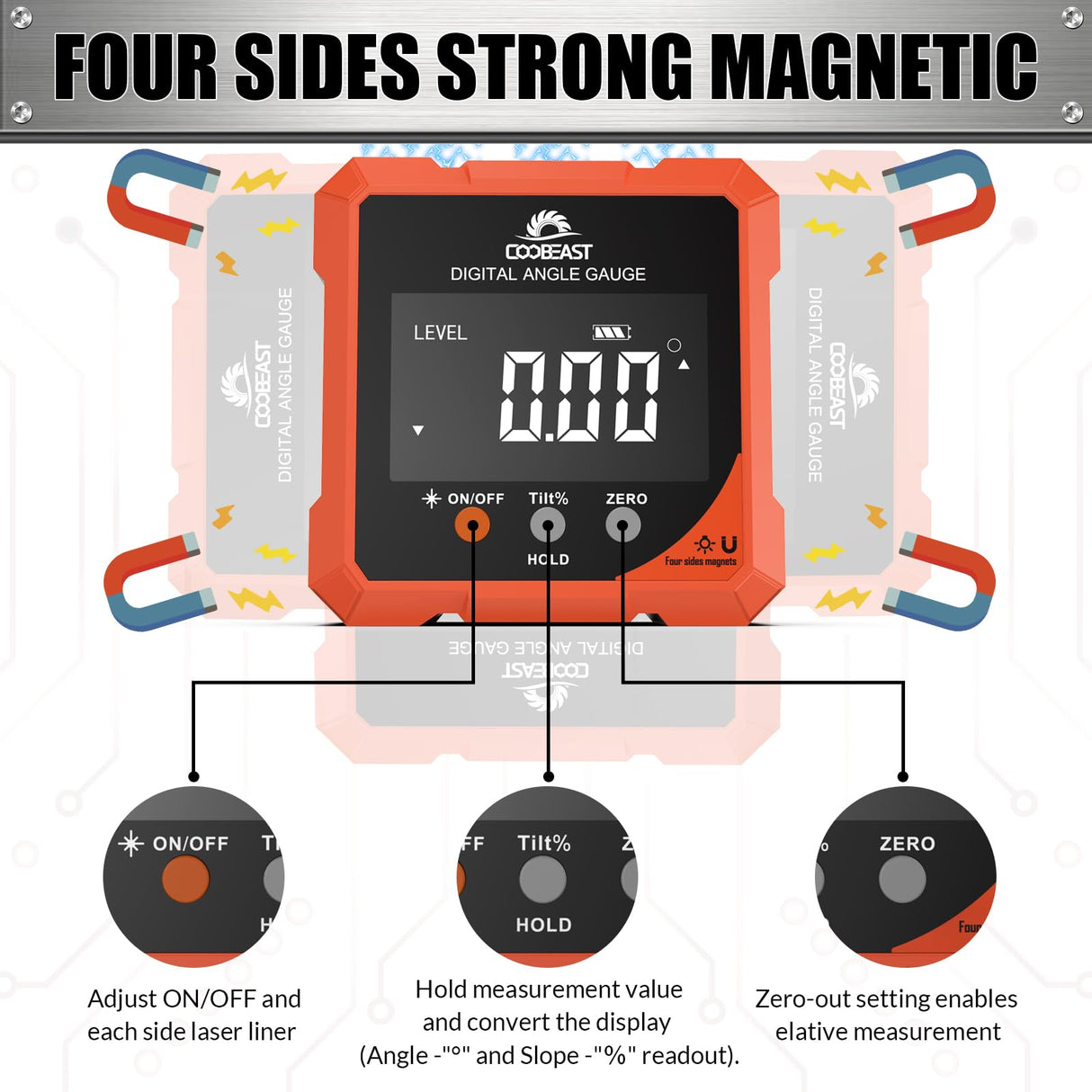 Digital Angle Finder with Laser, 4-side Magnetic Digital Angle Gauge, Rechargeable Mini Digital Laser Level Measuring Tool Cube Inclinometer with Backlight for Woodworking Tablesaw Gift for Men Orange