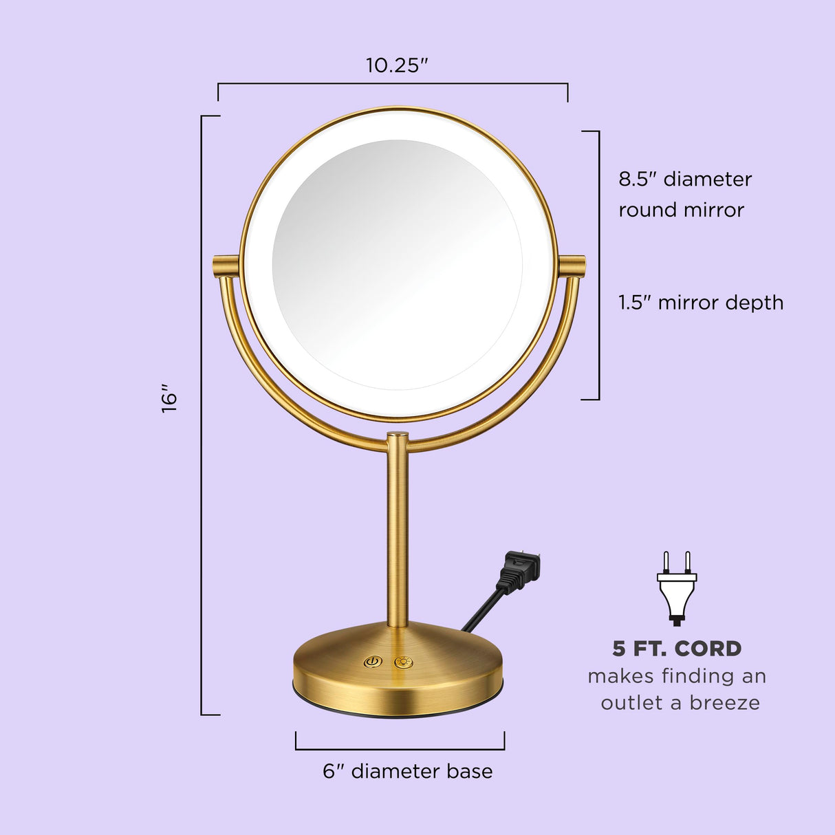 Conair Lighted Makeup Mirror, LED Vanity Mirror, 1X/10x Magnifying Mirror, Corded in Brushed Brass Finish