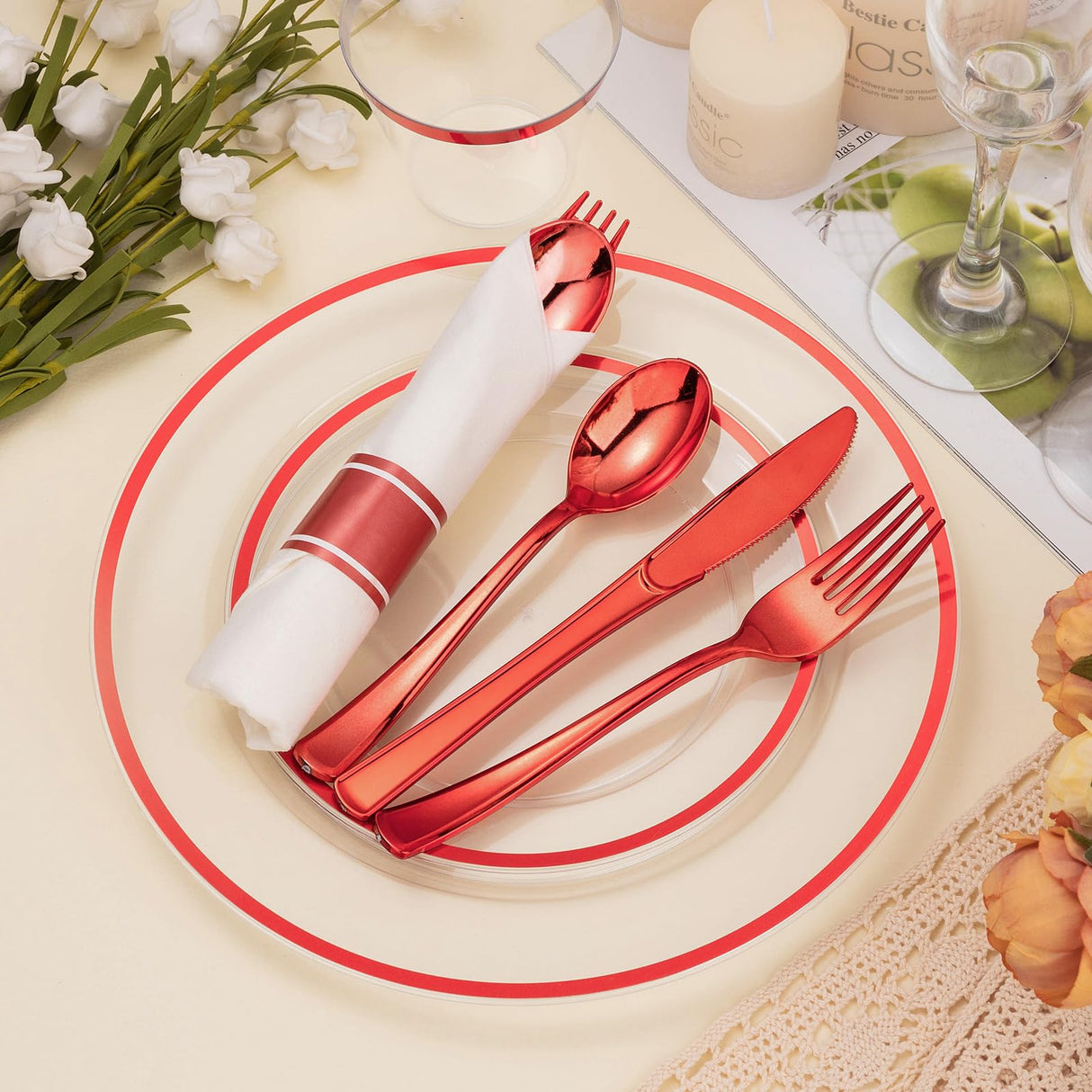 BESTSTAR 350PCS Clear and Red Disposable Plates Set for 50 Guests, 100 Plastic Plates, 50 Plastic Cups, 50 Pre-Rolled Napkins with Cutlery for Party, Christmas, Thanksgiving, Birthday, Halloween